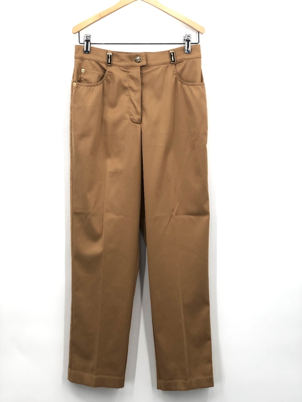 St John Sport Essentials Brown Tan Straight Leg Pants Gold Logo sz2